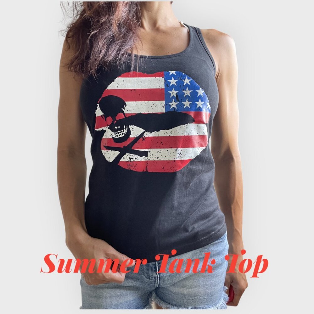 USA Flag Kiss Lips and Skull Black Racerback Tank top - All Sizes